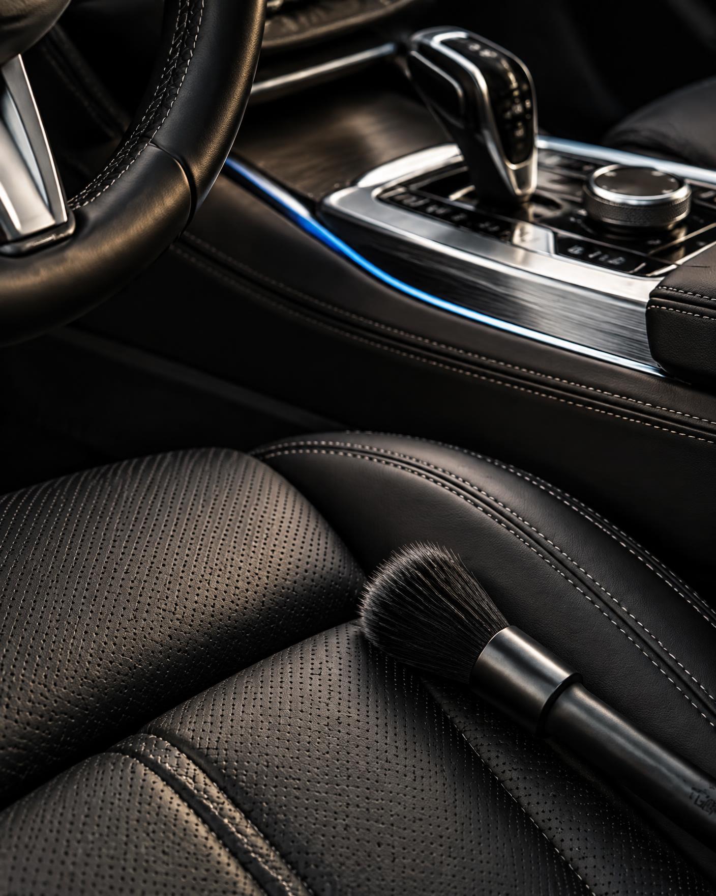 Clean black leather vehicle interior with detailing brush, illustrative imagery